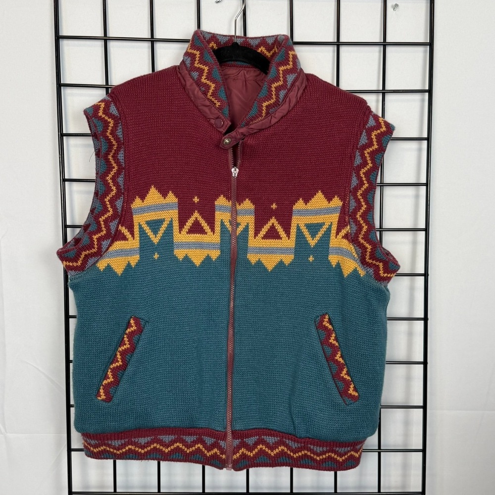 Vintage Andy Johns Navajo Print Reversible Knit Vest Mens Large Teal Maroon READ